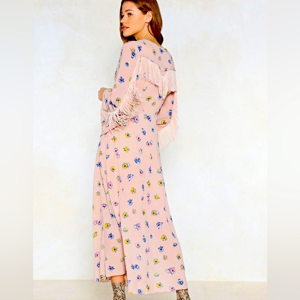 NWT Pink Western Fringe Polka Dot Flower Maxi Dress